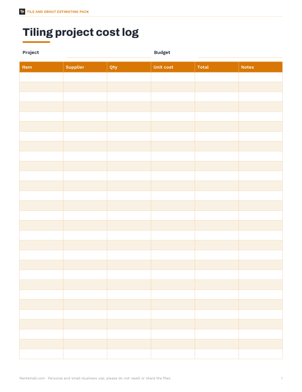Preview of Printable Tiling Cost Log